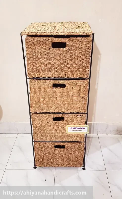 Ahiyana Handmade Eco-Friendly 4 - Drawer Seagrass Wardrobe – Durable Metal Frame Storage Organizer - Thumbnail Image