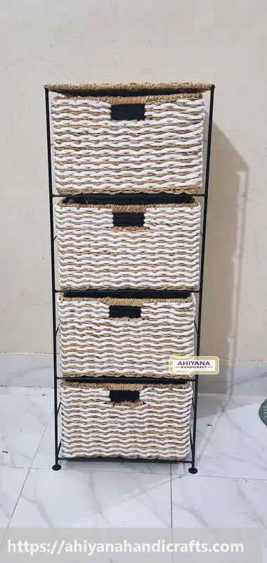 Ahiyana Handmade Eco-Friendly 4 - Drawer Seagrass and Dosting Wardrobe – Durable Metal Frame Storage Organizer
