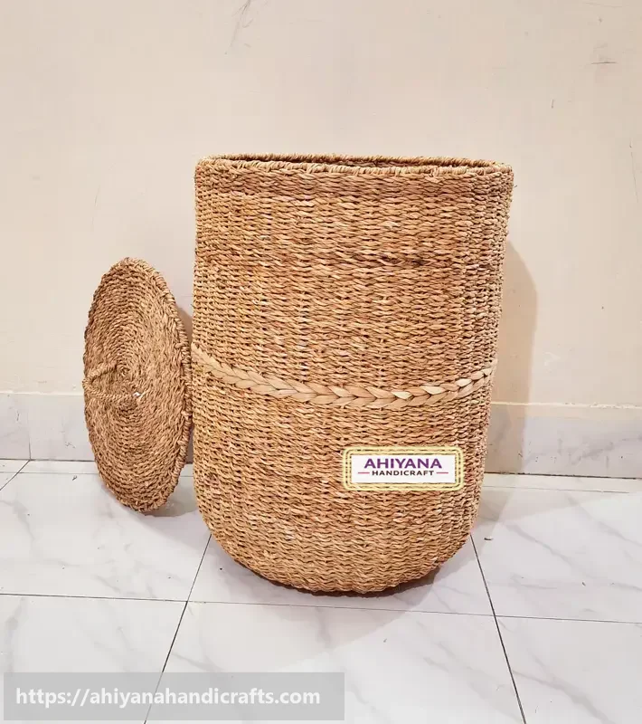 Ahiyana Premium Round Seagrass Laundry Basket - Durable Metal Frame - Thumbnail Image