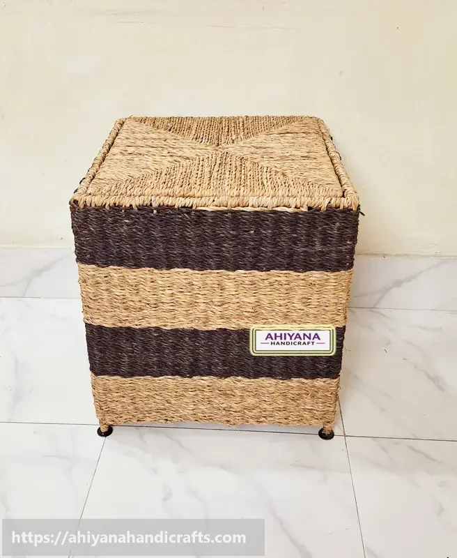 Ahiyana Premium Square Seagrass Laundry Basket - Durable Metal Frame / Storage Box / Sitting Tools