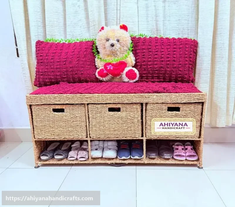 Ahiyana Premium 2-Seater Seagrass Storage Bench with Shoe Rack and Drawer Sofa Seat include Fhome and Cushion