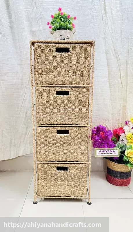 Ahiyana Handmade Eco-Friendly 4 - Drawer Seagrass Wardrobe – Durable Metal Frame Storage Organizer