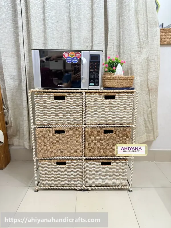 Ahiyana Handmade Eco-Friendly 6 Part 6 - Drawer Seagrass and Dosting Wardrobe – Durable Metal Frame Storage Organizer