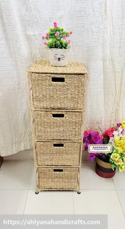 Ahiyana Handmade Eco-Friendly 4 - Drawer Seagrass Wardrobe – Durable Metal Frame Storage Organizer - Thumbnail Image