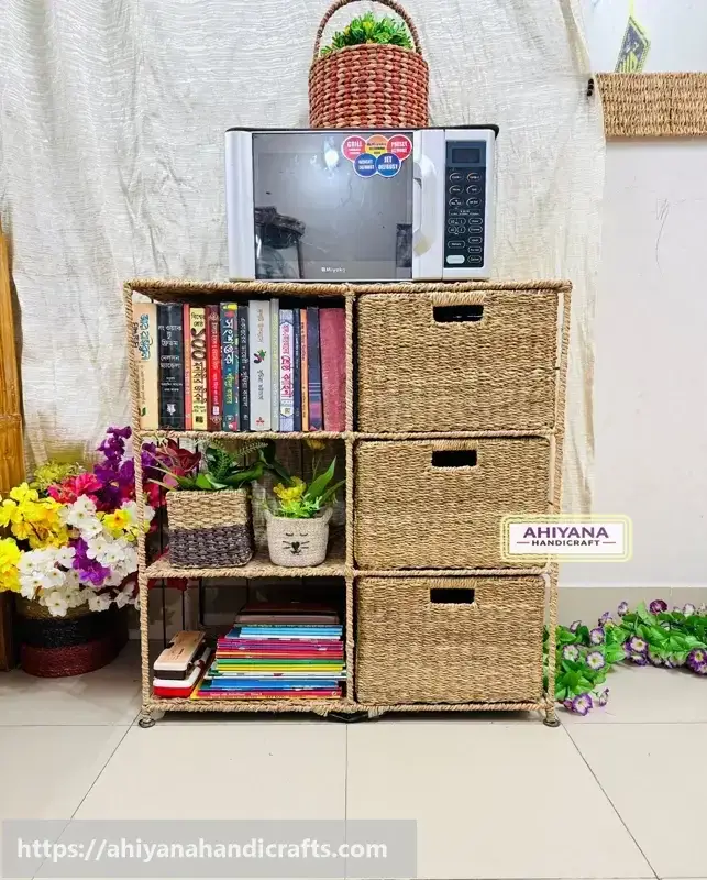 Ahiyana Handmade Eco-Friendly 6 Part 3 - Drawer Seagrass Wardrobe – Durable Metal Frame Storage Organizer