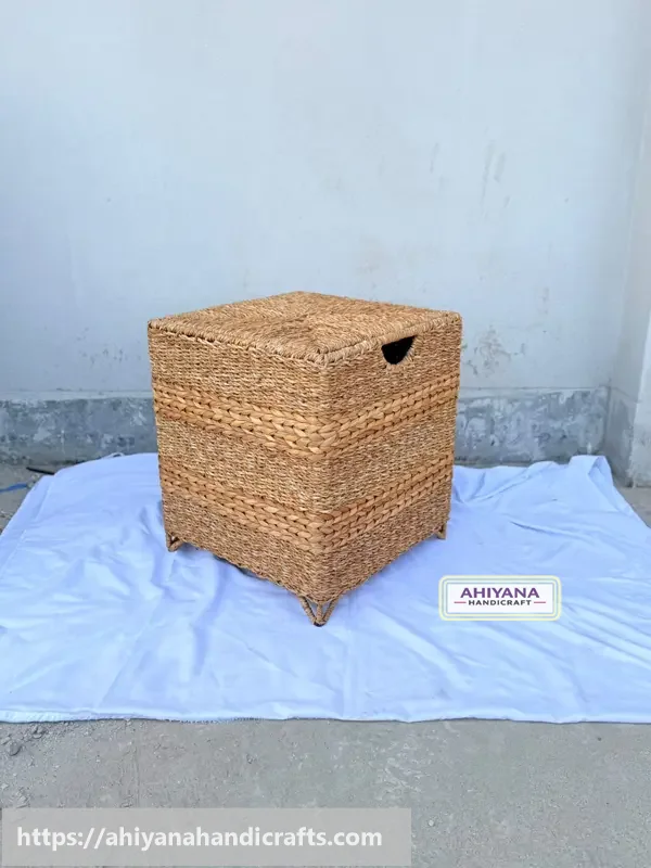 Ahiyana Premium Square Seagrass Laundry Basket - Durable Metal Frame / Storage Box / Sitting Tools - Thumbnail Image