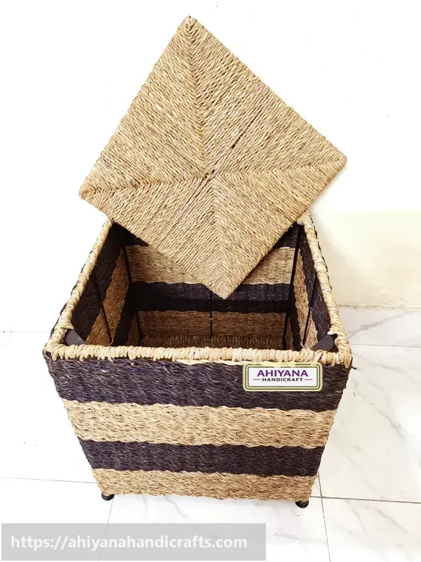 Ahiyana Premium Square Seagrass Laundry Basket - Durable Metal Frame / Storage Box / Sitting Tools - Thumbnail Image