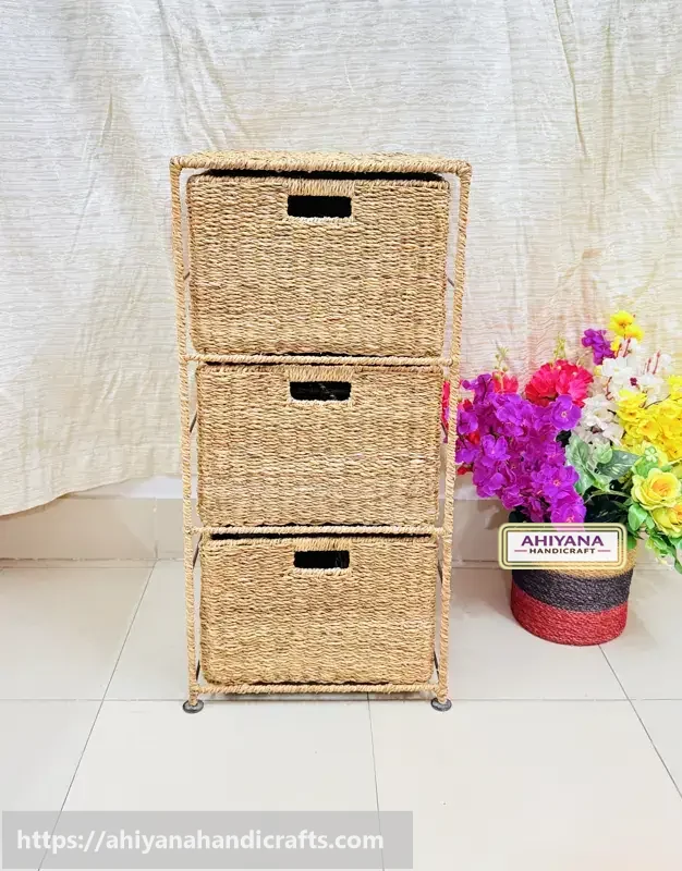 Ahiyana Handmade Eco-Friendly 3 - Drawer Seagrass Wardrobe – Durable Metal Frame Storage Organizer