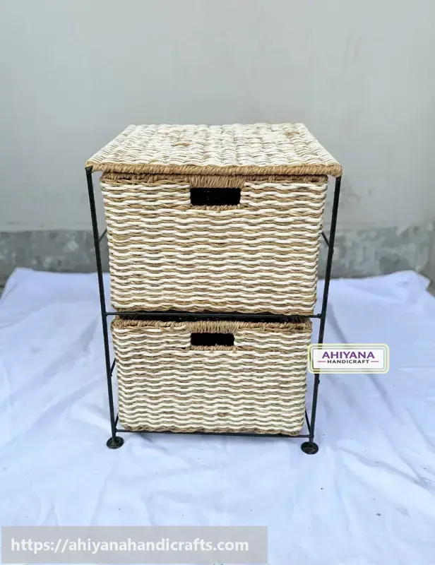 Ahiyana Handmade Eco-Friendly 2 - Drawer Seagrass and Dosting Wardrobe – Durable Metal Frame Storage Organizer