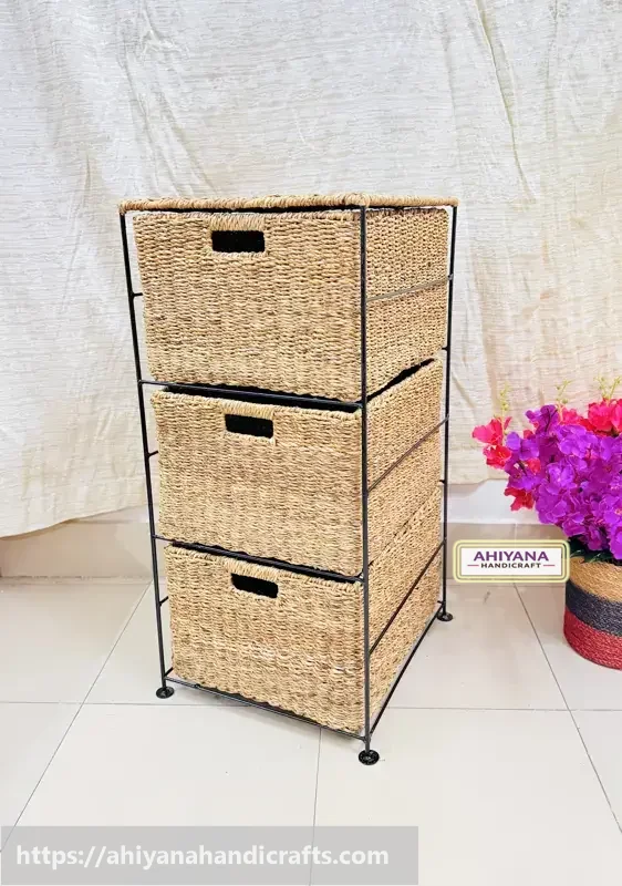 Ahiyana Handmade Eco-Friendly 3 - Drawer Seagrass Wardrobe – Durable Metal Frame Storage Organizer - Thumbnail Image