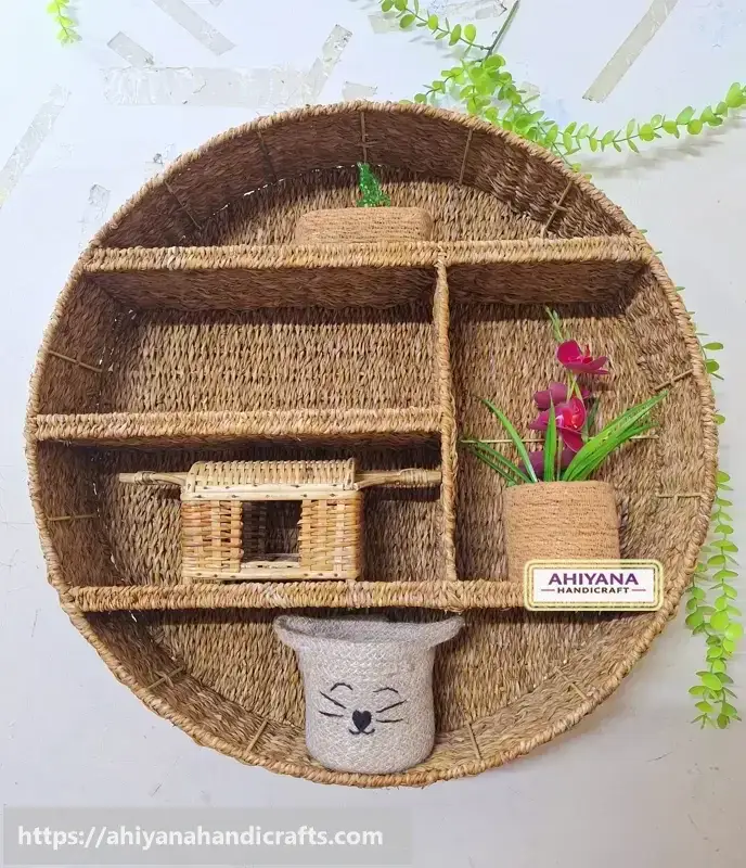 Ahiyana Handmade Natural Seagrass Round Wall Hanging Shelf Organizer with Strong Metal Frame - Thumbnail Image