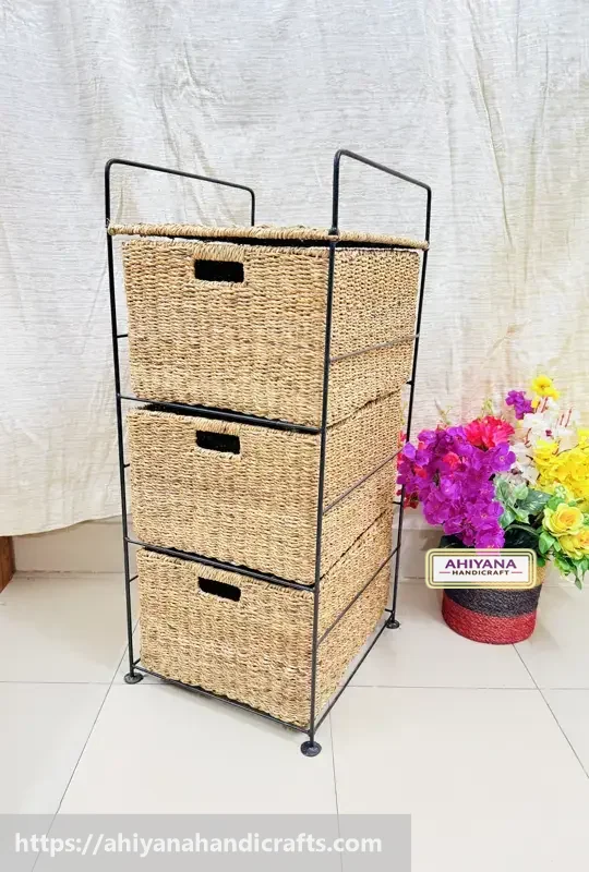 Ahiyana Handmade Eco-Friendly 3 - Drawer Seagrass Wardrobe – Durable Metal Frame Storage Organizer - Thumbnail Image