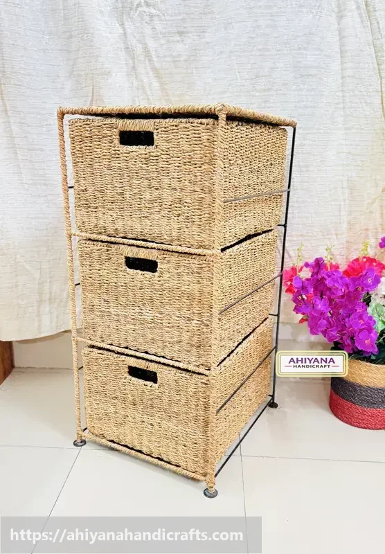 Ahiyana Handmade Eco-Friendly 3 - Drawer Seagrass Wardrobe – Durable Metal Frame Storage Organizer - Thumbnail Image