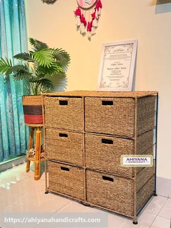 Ahiyana Handmade Eco-Friendly 6 Part 6 - Drawer Seagrass Wardrobe – Durable Metal Frame Storage Organizer - Thumbnail Image