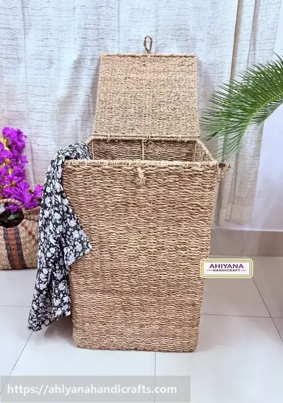Ahiyana Premium Square Seagrass Laundry Basket - Durable Metal Frame