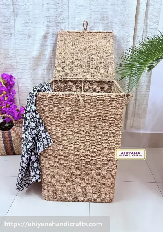 Ahiyana Premium Square Seagrass Laundry Basket - Durable Metal Frame