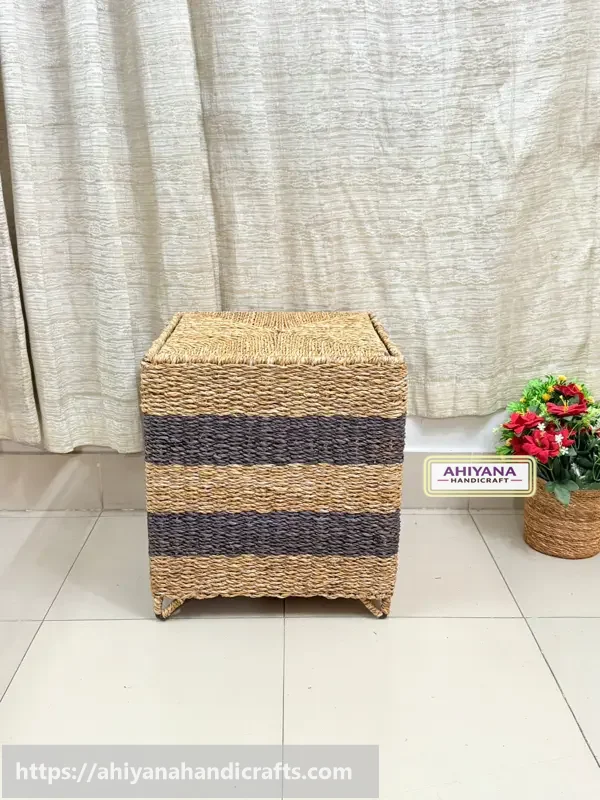 Ahiyana Premium Square Seagrass Laundry Basket - Durable Metal Frame / Storage Box / Sitting Tools - Thumbnail Image