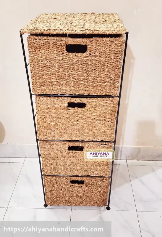 Ahiyana Handmade Eco-Friendly 4 - Drawer Seagrass Wardrobe – Durable Metal Frame Storage Organizer - Thumbnail Image
