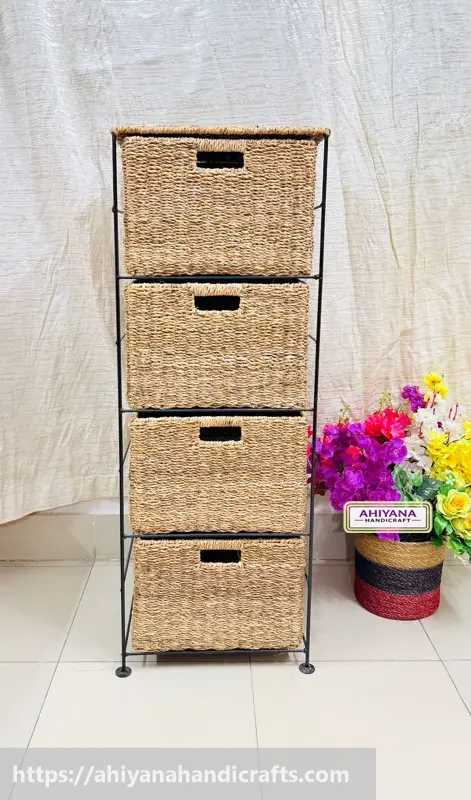 Ahiyana Handmade Eco-Friendly 4 - Drawer Seagrass Wardrobe – Durable Metal Frame Storage Organizer