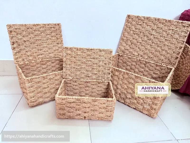 Ahiyana Handmade Seagrass Storage Trunk Basket Set With Metal Frame (Set of 3)