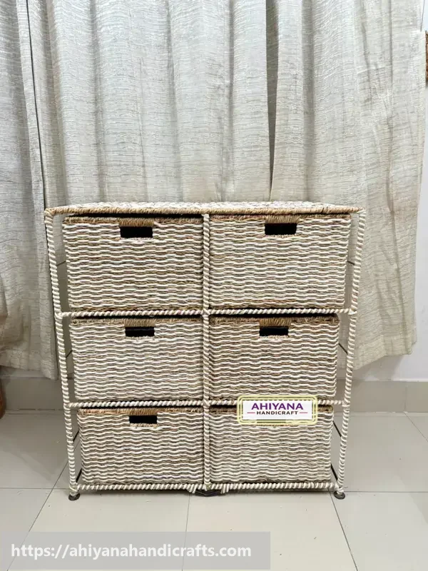 Ahiyana Handmade Eco-Friendly 6 Part 6 - Drawer Seagrass and Dosting Wardrobe – Durable Metal Frame Storage Organizer