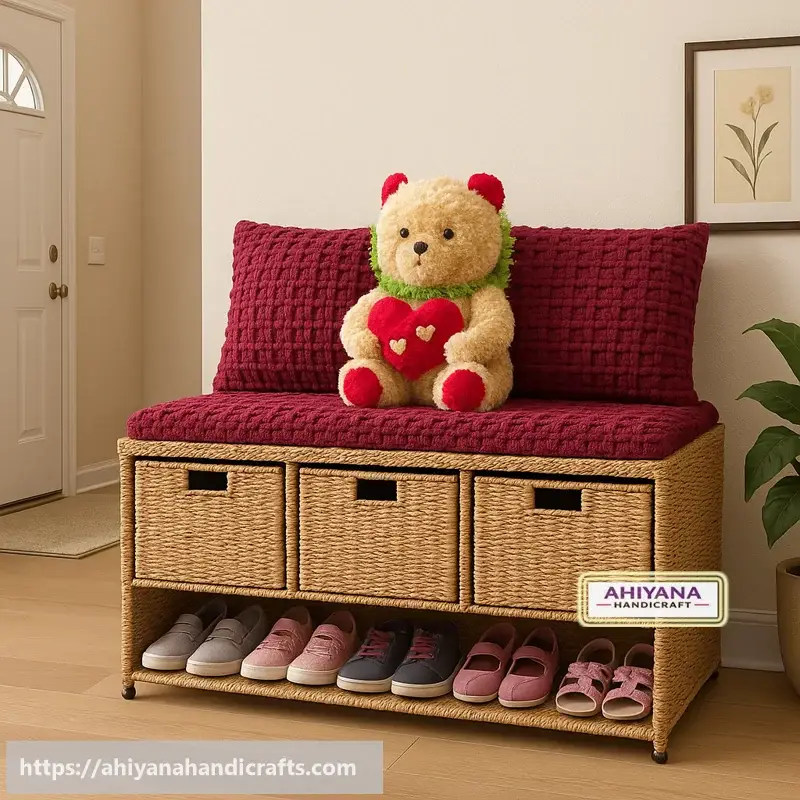 Ahiyana Premium 2-Seater Seagrass Storage Bench with Shoe Rack and Drawer Sofa Seat include Fhome and Cushion - Thumbnail Image