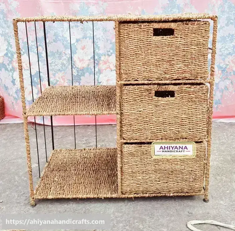 Ahiyana Handmade Eco-Friendly 5 Part 3 - Drawer Seagrass Wardrobe – Durable Metal Frame Storage Organizer