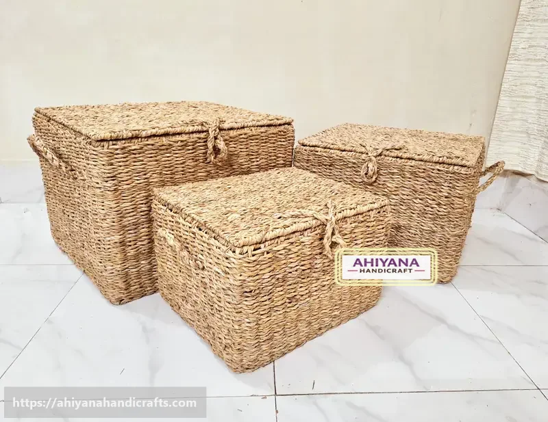 Ahiyana Handmade Seagrass Storage Trunk Basket Set With Metal Frame (Set of 3)