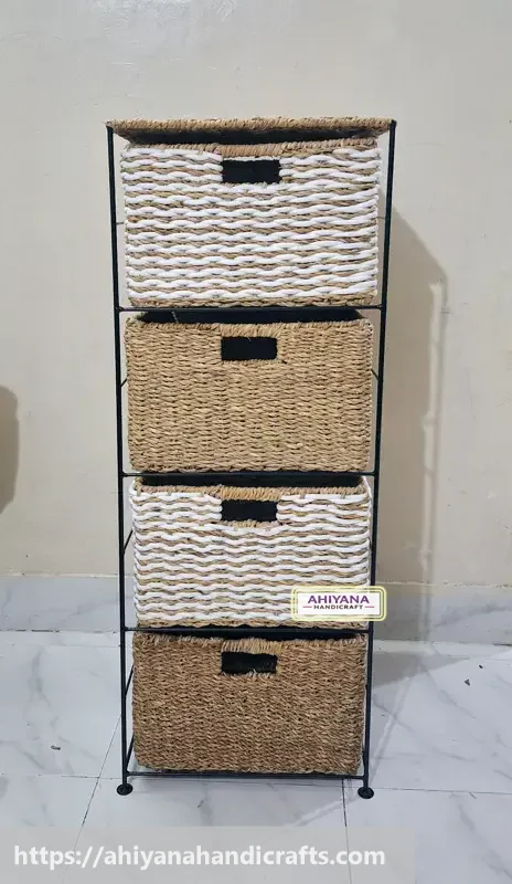 Ahiyana Handmade Eco-Friendly 4 - Drawer Seagrass and Dosting Wardrobe – Durable Metal Frame Storage Organizer
