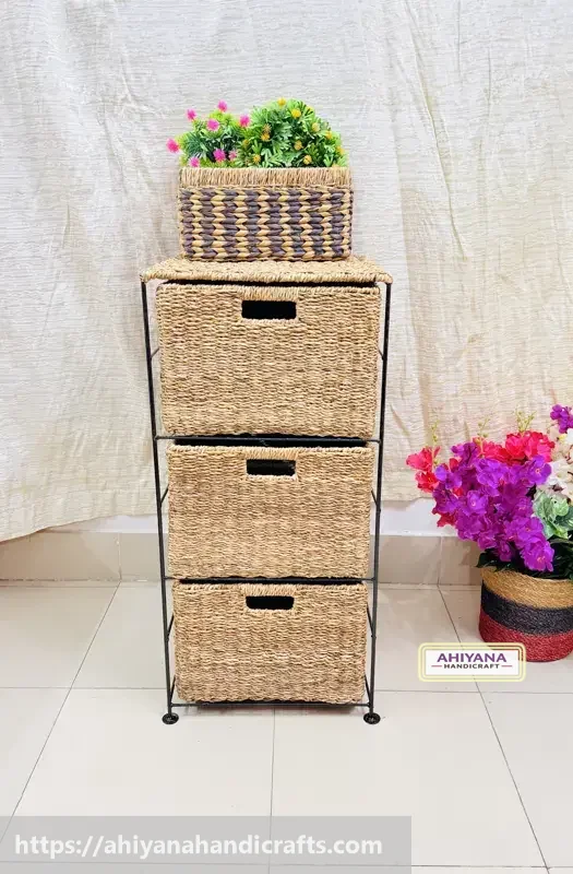Ahiyana Handmade Eco-Friendly 3 - Drawer Seagrass Wardrobe – Durable Metal Frame Storage Organizer
