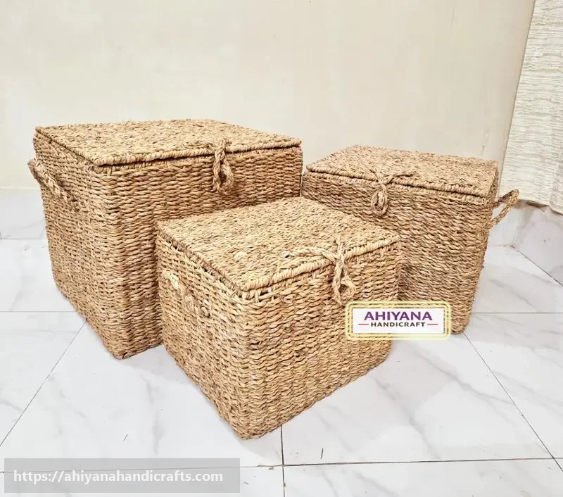Ahiyana Handmade Seagrass Storage Trunk Basket Set With Metal Frame (Set of 3)