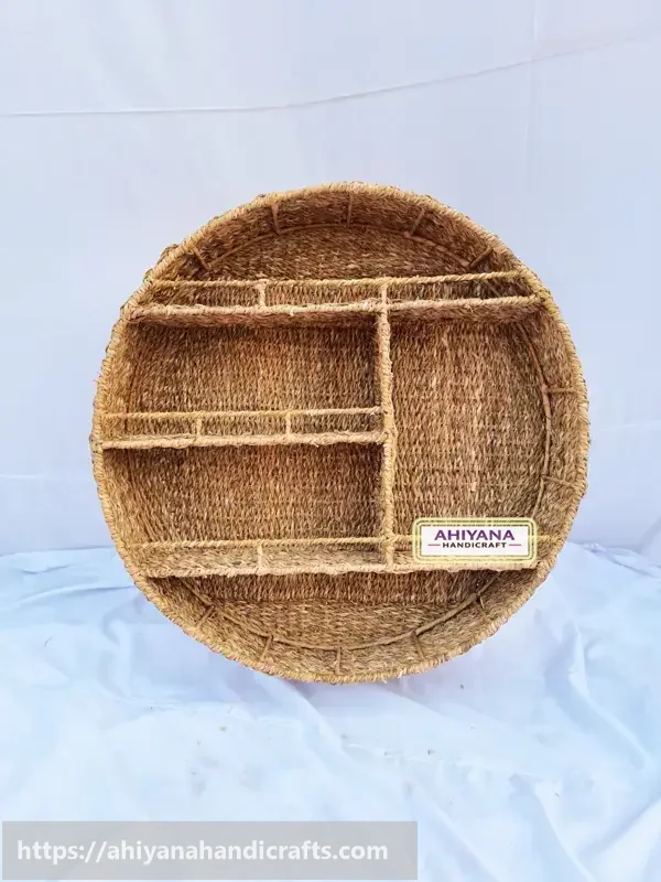 Ahiyana Handmade Natural Seagrass Round Wall Hanging Shelf Organizer with Strong Metal Frame - Thumbnail Image