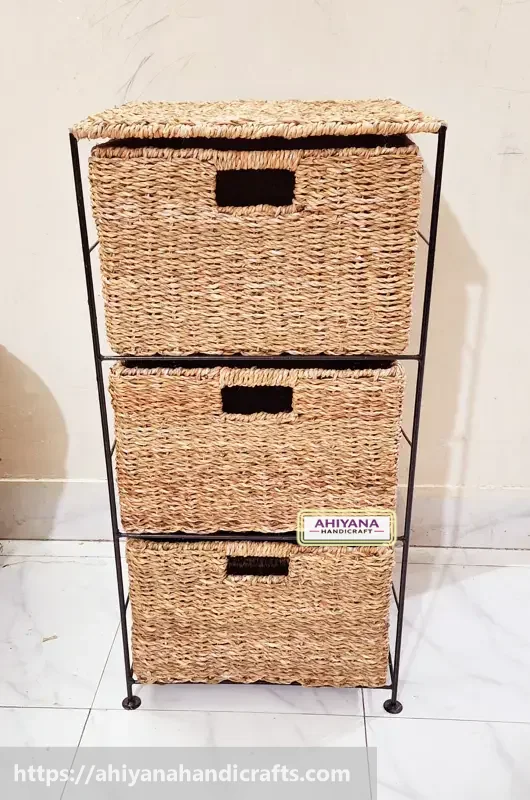 Ahiyana Handmade Eco-Friendly 3 - Drawer Seagrass Wardrobe – Durable Metal Frame Storage Organizer - Thumbnail Image