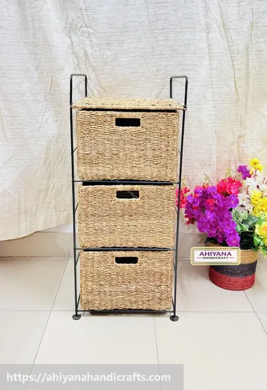Ahiyana Handmade Eco-Friendly 3 - Drawer Seagrass Wardrobe – Durable Metal Frame Storage Organizer