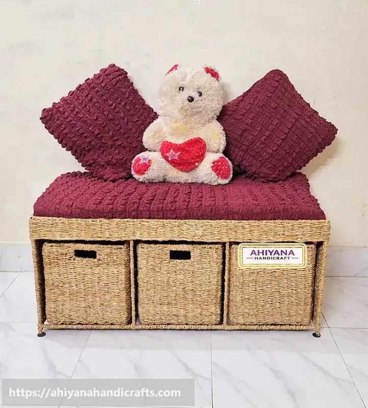 Ahiyana Premium 2-Seater Seagrass Storage Bench with Drawer Sofa Seat include Fhome and Cushion