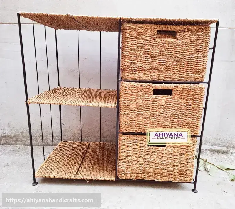 Ahiyana Handmade Eco-Friendly 5 Part 3 - Drawer Seagrass Wardrobe – Durable Metal Frame Storage Organizer - Thumbnail Image