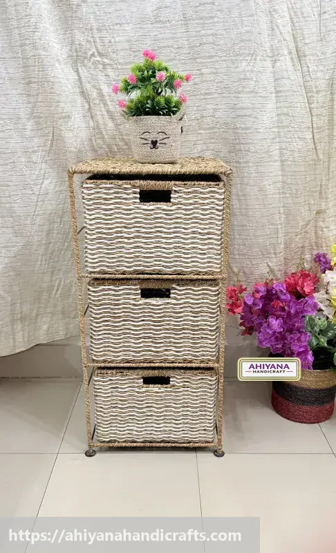 Ahiyana Handmade Eco-Friendly 3 - Drawer Seagrass and Dosting Wardrobe – Durable Metal Frame Storage Organizer - Thumbnail Image