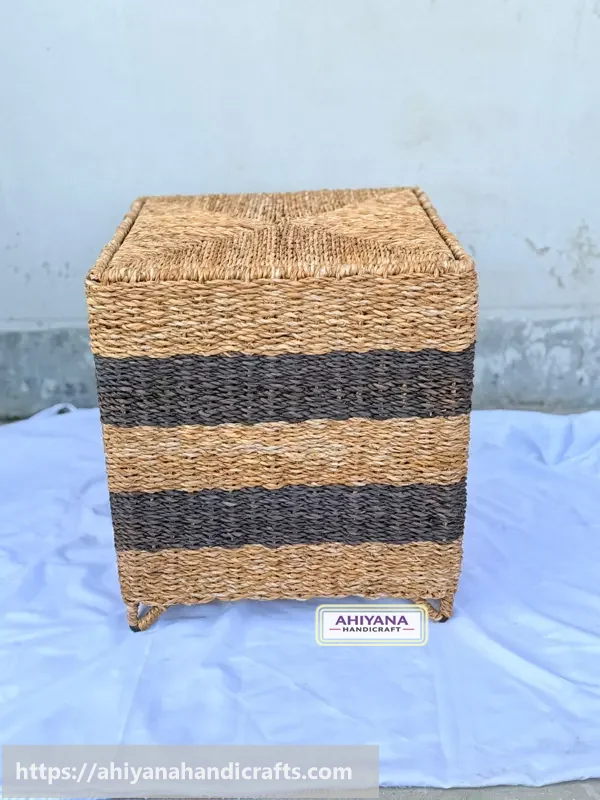 Ahiyana Premium Square Seagrass Laundry Basket - Durable Metal Frame / Storage Box / Sitting Tools - Thumbnail Image