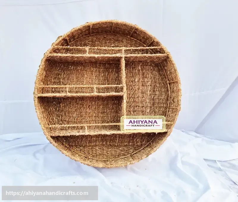 Ahiyana Handmade Natural Seagrass Round Wall Hanging Shelf Organizer with Strong Metal Frame - Thumbnail Image