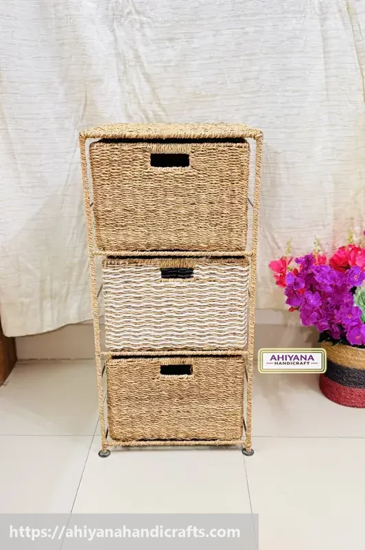 Ahiyana Handmade Eco-Friendly 3 - Drawer Seagrass and Dosting Wardrobe – Durable Metal Frame Storage Organizer