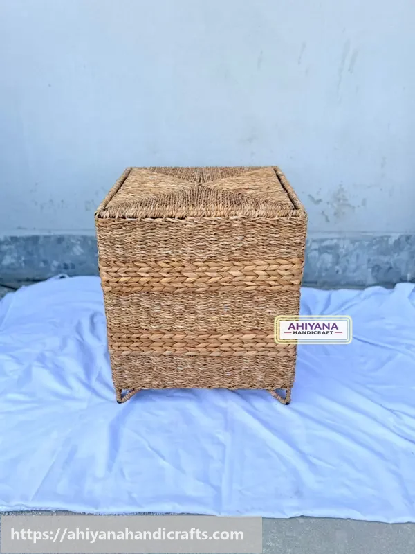 Ahiyana Premium Square Seagrass Laundry Basket - Durable Metal Frame / Storage Box / Sitting Tools - Thumbnail Image