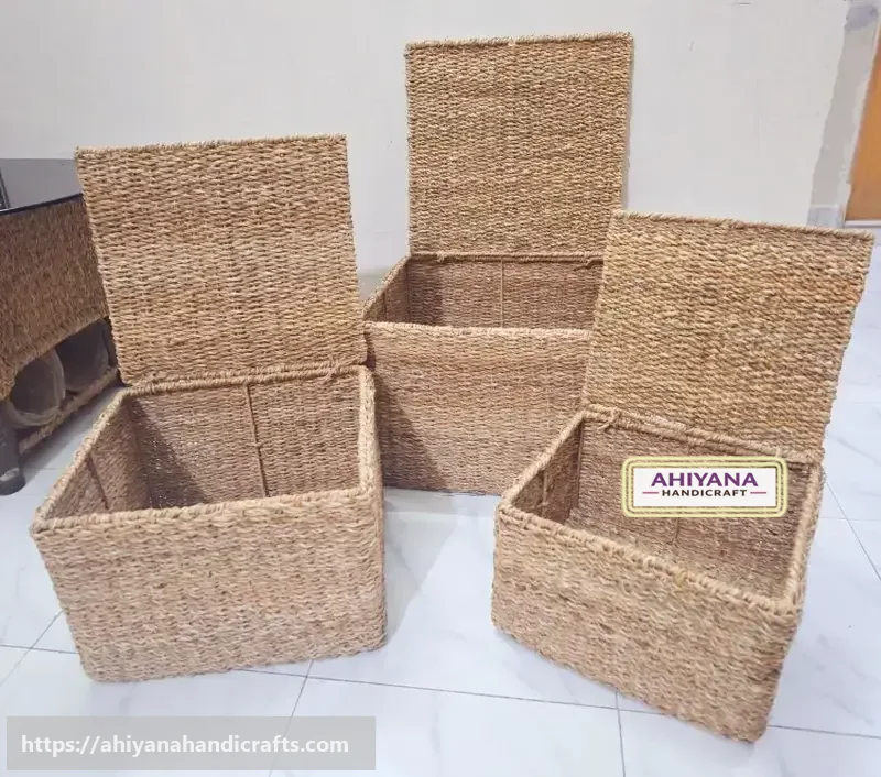 Ahiyana Handmade Seagrass Storage Trunk Basket Set With Metal Frame (Set of 3)