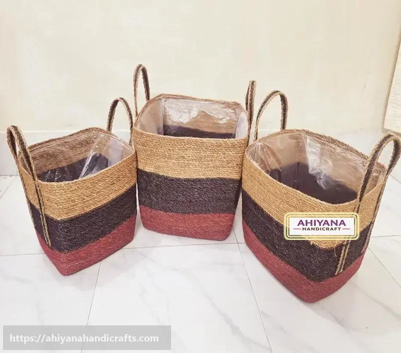 Ahiyana Multi Color Eco-Friendly Natural Seagrass Planter Tub Cover Set With Plastic Lining