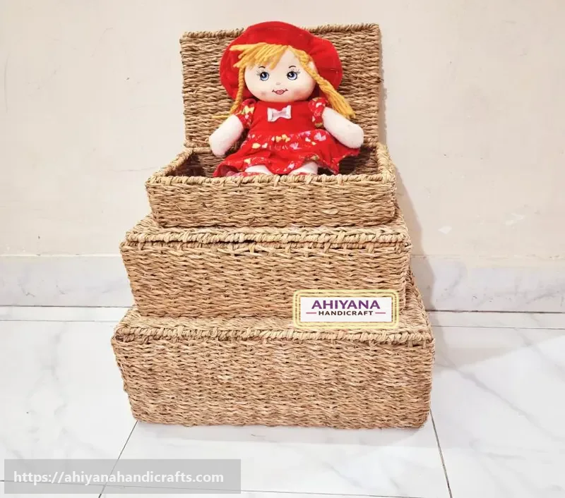Ahiyana Handmade Seagrass Storage Trunk Basket Set With Metal Frame (Set of 3)