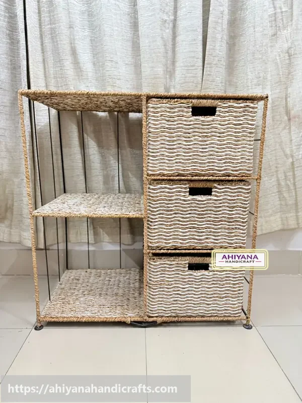 Ahiyana Handmade Eco-Friendly 5 Part 3 - Drawer Seagrass and Dosting Wardrobe – Durable Metal Frame Storage Organizer - Thumbnail Image