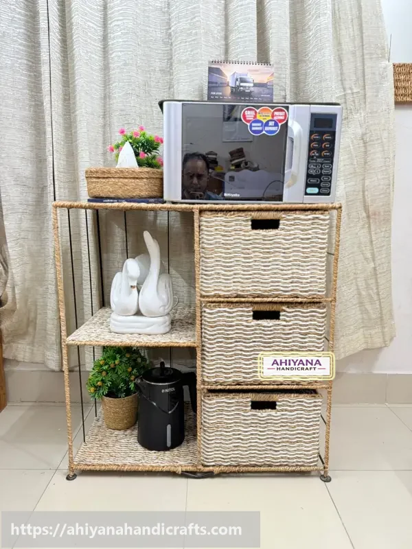 Ahiyana Handmade Eco-Friendly 5 Part 3 - Drawer Seagrass and Dosting Wardrobe – Durable Metal Frame Storage Organizer - Thumbnail Image