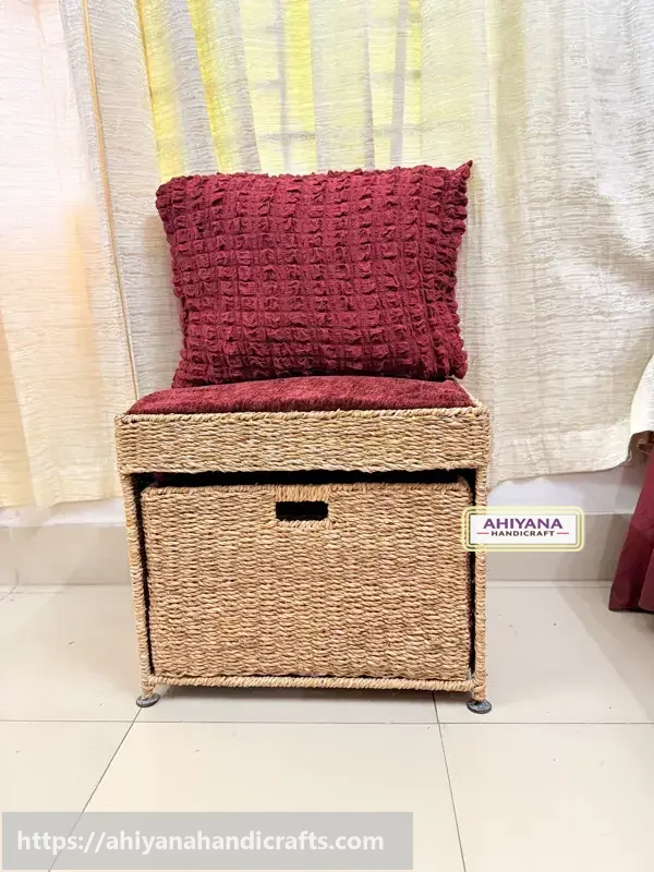 Ahiyana Premium 1-Seater Seagrass Storage Bench with Drawer Sofa Seat include Fhome and Cushion