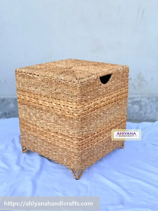 Ahiyana Premium Square Seagrass Laundry Basket - Durable Metal Frame / Storage Box / Sitting Tools