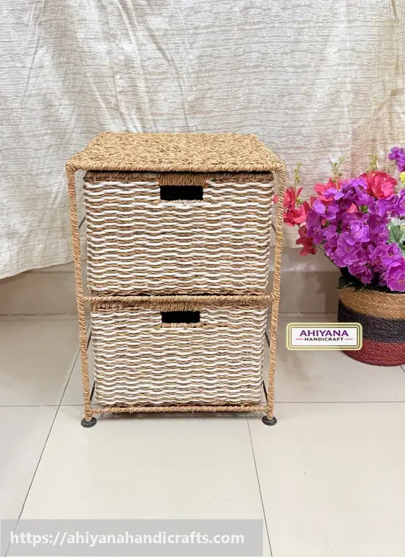 Ahiyana Handmade Eco-Friendly 2 - Drawer Seagrass and Dosting Wardrobe – Durable Metal Frame Storage Organizer