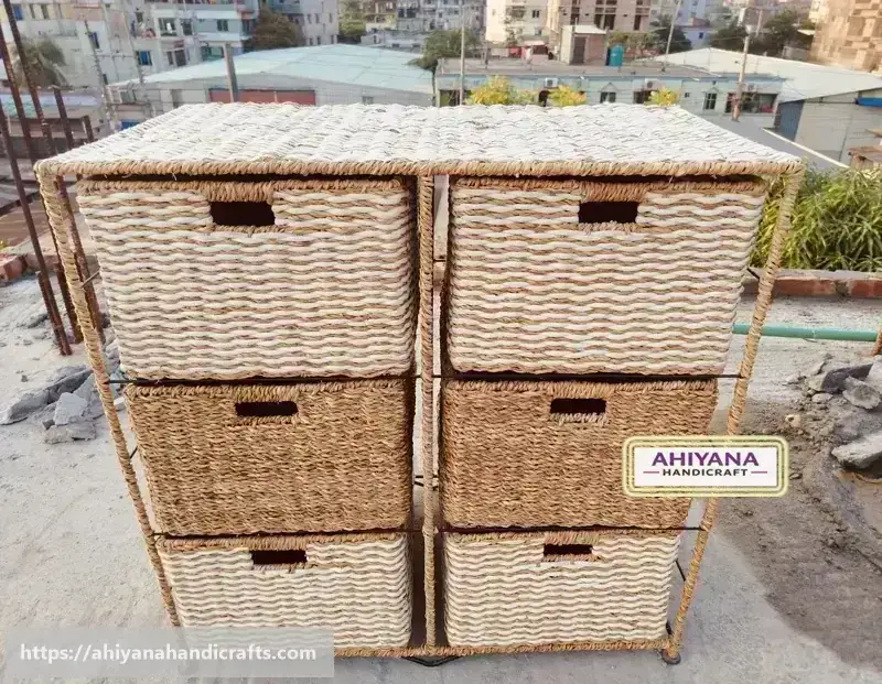 Ahiyana Handmade Eco-Friendly 5 Part 6 - Drawer Seagrass and Dosting Wardrobe – Durable Metal Frame Storage Organizer